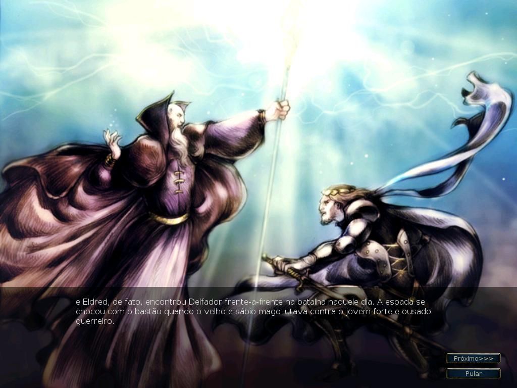 The Battle for Wesnoth (Linux) screenshot: Campaign intro, Delfador against Eldred