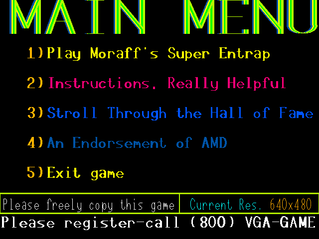 Moraff's Entrap (DOS) screenshot: Main Menu