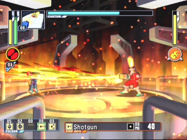 Mega Man: Network Transmission (GameCube) screenshot: FireMan shoots a powerful stream of fire which is hard to dodge