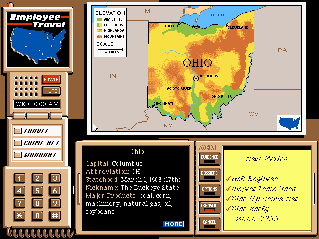 Where in the USA Is Carmen Sandiego? (Deluxe Edition) (DOS) screenshot: Click the magnifying glass on a state within the map to bring a close-up view of it, giving you an outline of its towns and cities