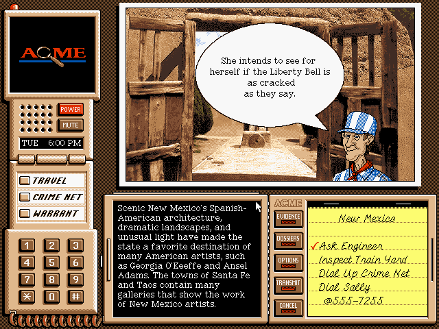 Where in the USA Is Carmen Sandiego? (Deluxe Edition) (DOS) screenshot: Ask witnesses for clues regarding the suspect's whereabouts