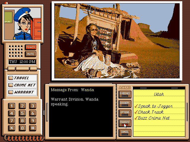 Where in the USA Is Carmen Sandiego? (Deluxe Edition) (DOS) screenshot: After filling out details about the suspect, give it to Wanda, the warrants officer, for verification