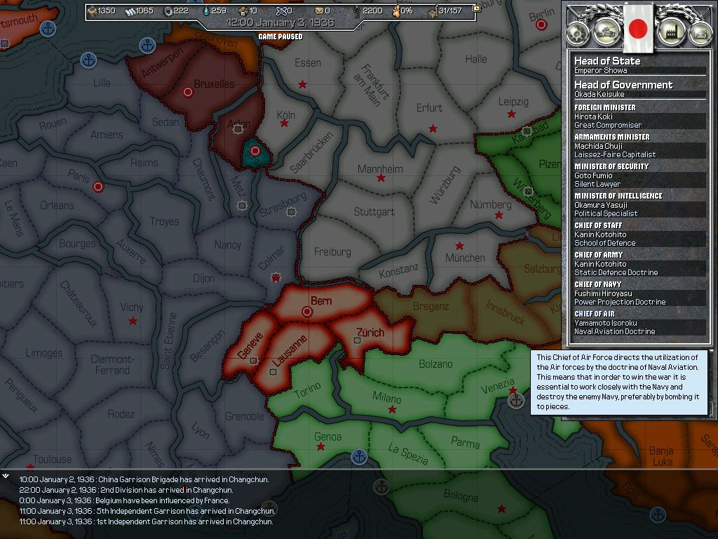 Hearts of Iron (Windows) screenshot: Domestic screen, showing current cabinet members and their doctrines.