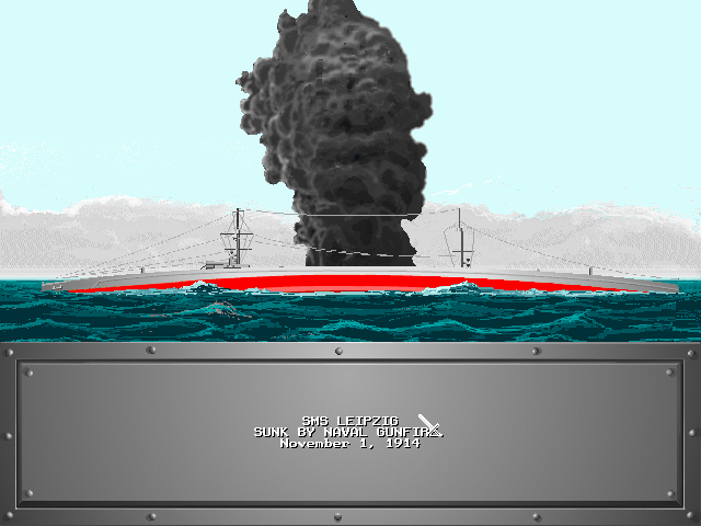 Jutland (DOS) screenshot: When you sink a ship you are rewarded with a gorgeous animation.