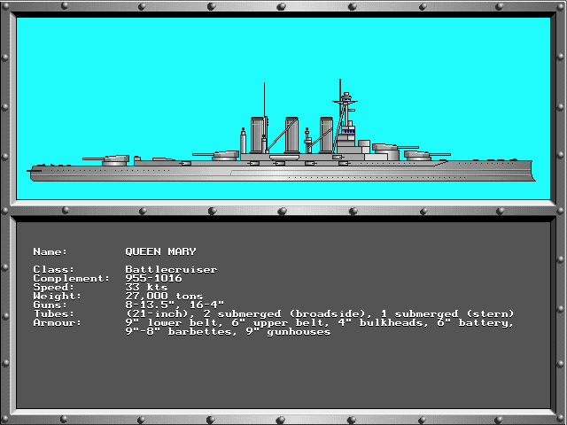 Jutland (DOS) screenshot: The Queen Mary -- she wasn't always a passenger liner...