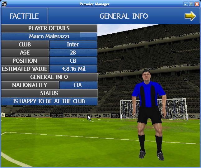 Premier Manager: 2002/2003 Season (Windows) screenshot: Player information. If you look at the UEFA Challenge screenshots, you'll see the same faces.