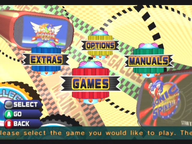 Sonic Mega Collection (GameCube) screenshot: Main Menu - tweak options, view manuals, or check out Sonic comics