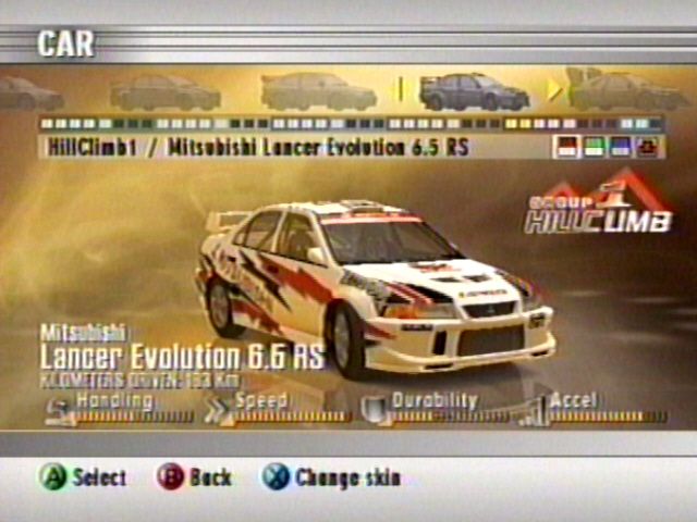 RalliSport Challenge 2 (Xbox) screenshot: car selection: mitsubishi lancer evolution