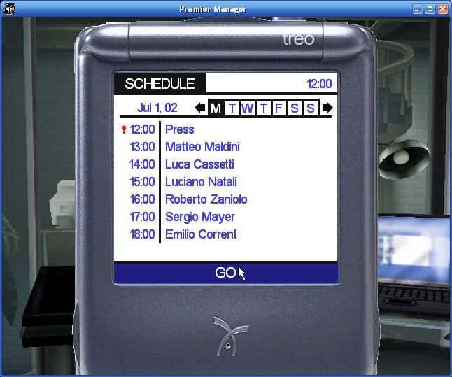 Premier Manager: 2002/2003 Season (Windows) screenshot: Your PDA with appointments. Those really important that cannot be skipped are marked.