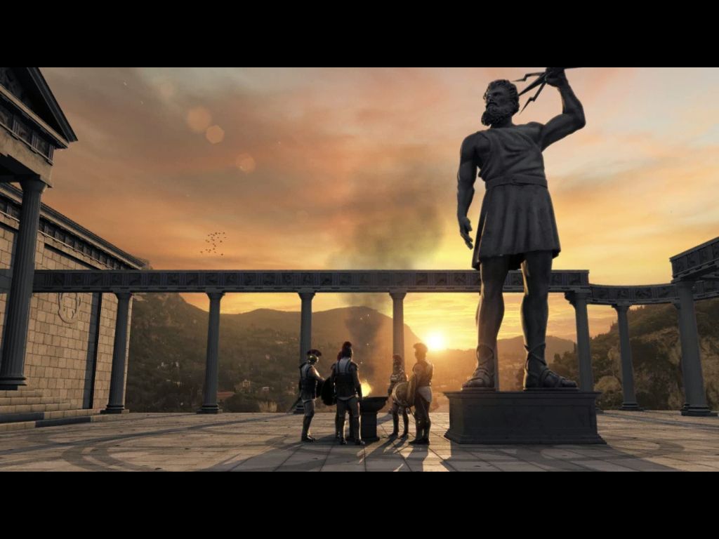 Titan Quest (Windows) screenshot: Intro cutscene: happy soldiers around the fire.