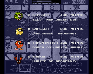 Harald Hårdtand: Kampen om de rene tænder (Amiga) screenshot: Overview of the enemies