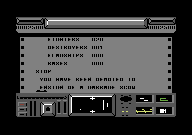Star Raiders II (Commodore 64) screenshot: demoted to a garbage scow