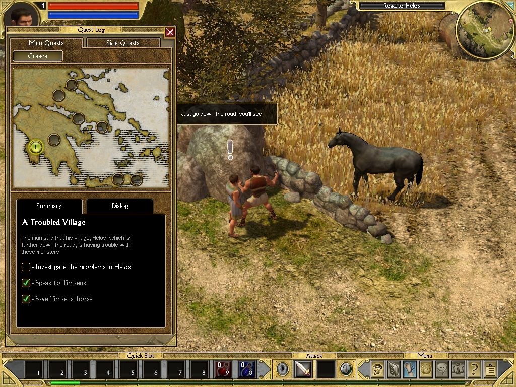 Titan Quest (Windows) screenshot: Here's the quest log and a world map.