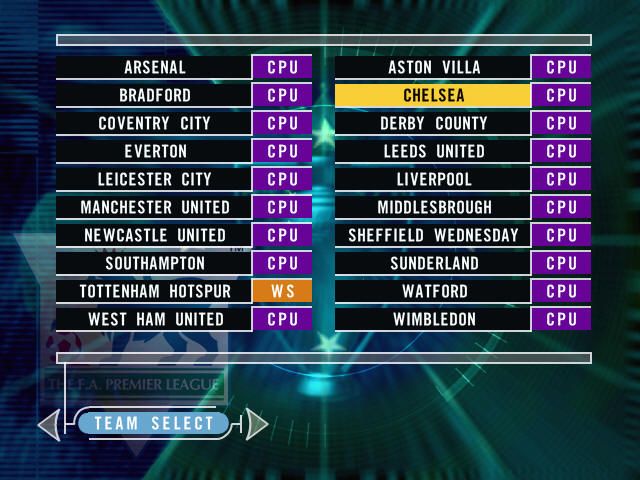 The F.A. Premier League Stars (Windows) screenshot: Setting up a new game.