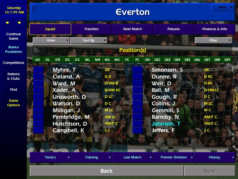 Championship Manager: Season 99/00 (Windows) screenshot: Squad overview