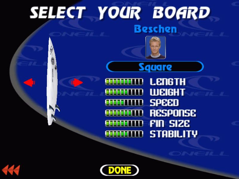 Championship Surfer (Windows) screenshot: Each board is more suitable for different waves