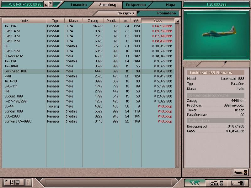 Airlines 2 (Windows) screenshot: All available aircrafts at the beginning of the game. (Polish)