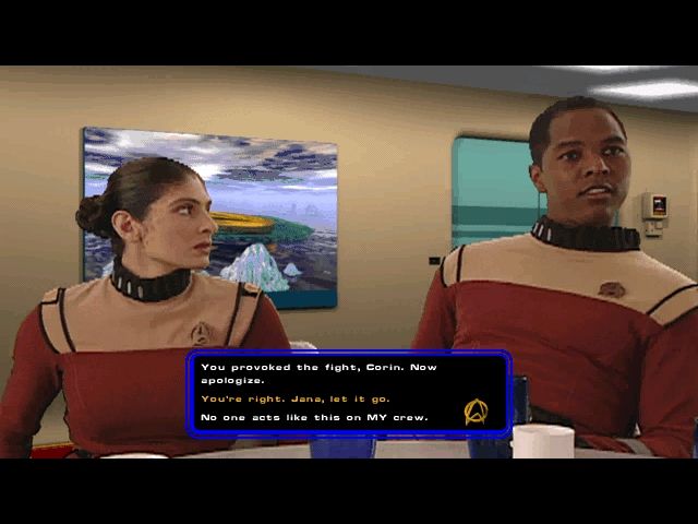 Star Trek: Starfleet Academy (Windows) screenshot: One of many FMV sequences where you handle issues within your crew.