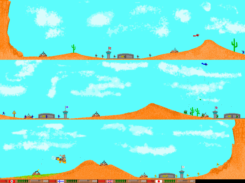 Triplane Turmoil (DOS) screenshot: The desert level; note the plane being shot down by the flak gun at bottom.