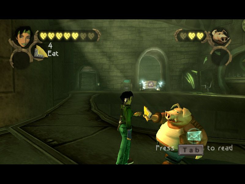 Beyond Good & Evil (Windows) screenshot: You can share your food with your friends. This is your uncle Pey'j. What do you mean you don't see the family resemblance?..