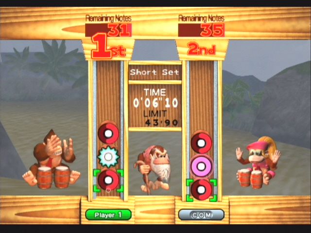 Donkey Konga 2 (GameCube) screenshot: Hit the corresponding barrel to get rid of it.