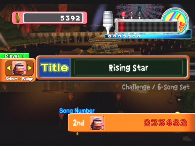 Donkey Konga 2 (GameCube) screenshot: Earning the rank "Rising Star", could do better!