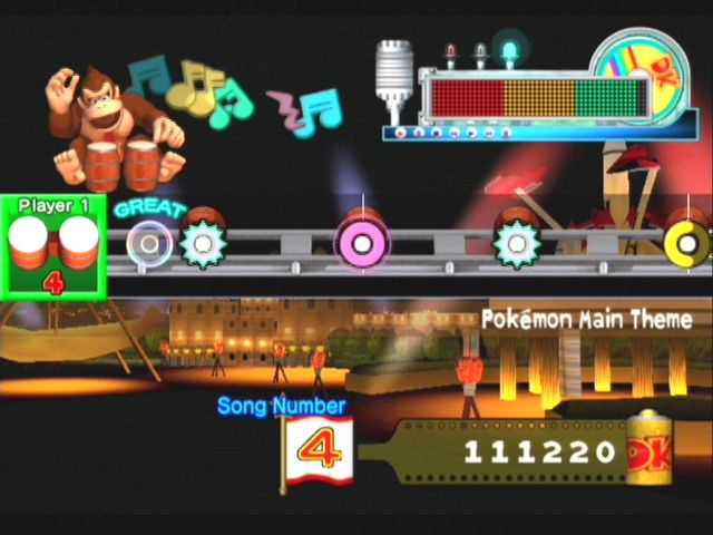 Donkey Konga 2 (GameCube) screenshot: Aim to get a 'Great' when you hit a beat.