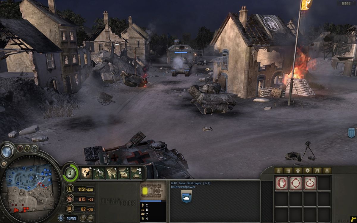Company of Heroes (Windows) screenshot: An M10 Tank Destroyer coming up on the flanks of a German Stug Tank