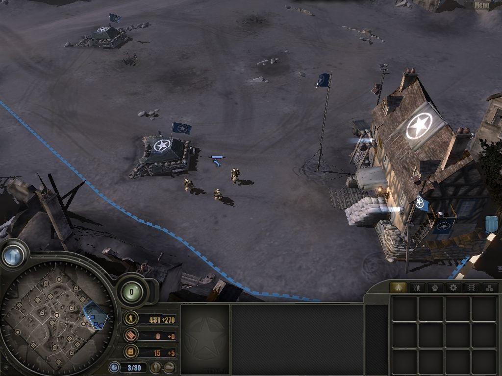 Company of Heroes (Windows) screenshot: Like most RTS games, you begin skirmish with some units and a single building.
