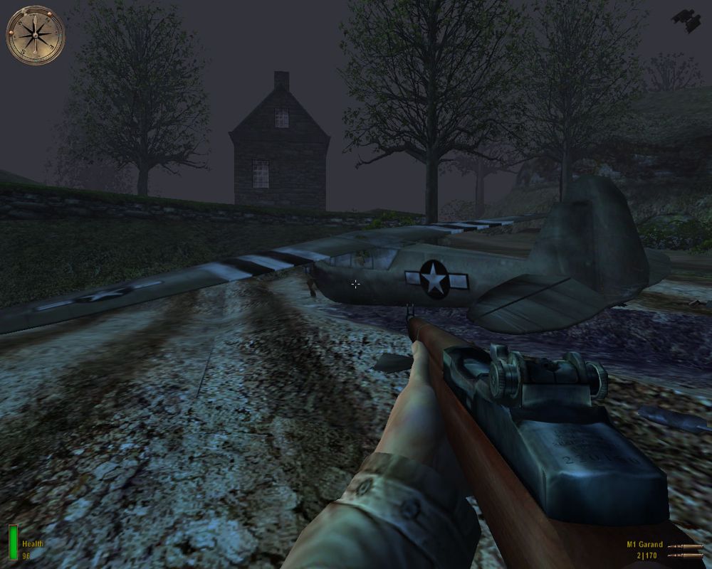 Medal of Honor: Allied Assault (Windows) screenshot: A pilot's plane, landed in the darkness