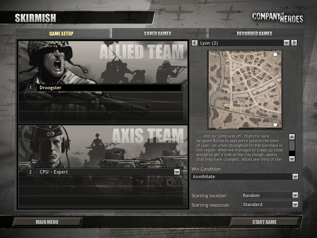 Company of Heroes (Windows) screenshot: Setting up a skirmish game between myself an expert opponent.