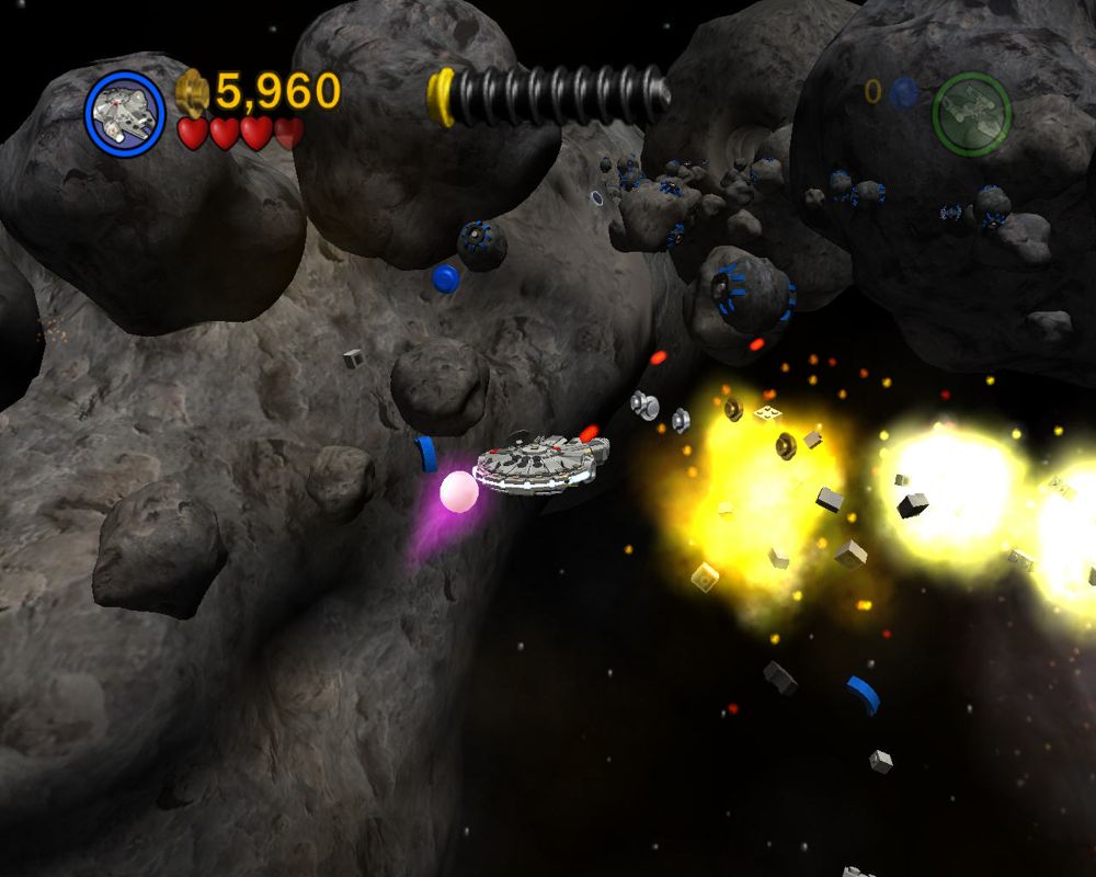 LEGO Star Wars II: The Original Trilogy (Windows) screenshot: Millennium Falcon in asteroid field.