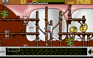 Harald Hårdtand: Kampen om de rene tænder (DOS) screenshot: Fight with green floppers and yellow munchers