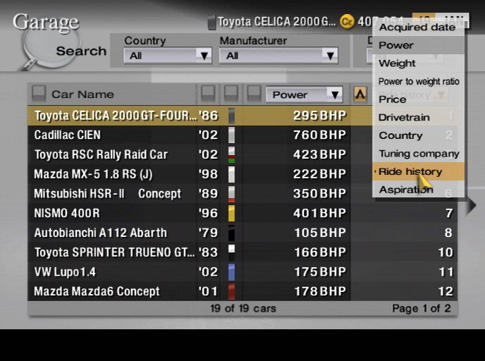 Gran Turismo 4 (PlayStation 2) screenshot: Garage, car list