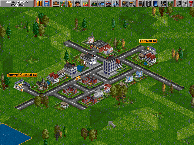 Transport Tycoon (DOS) screenshot: Bus route across town