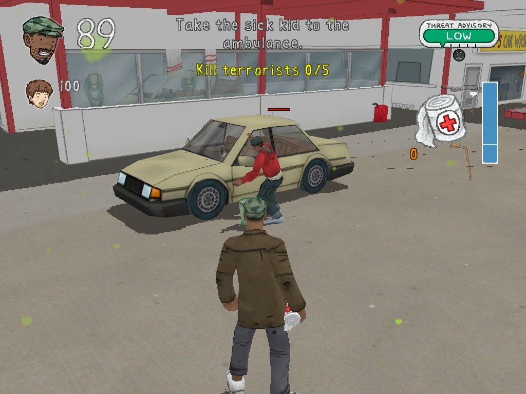 American McGee presents Bad Day LA (Windows) screenshot: Even during a terrorist crisis, this man is washing a car.