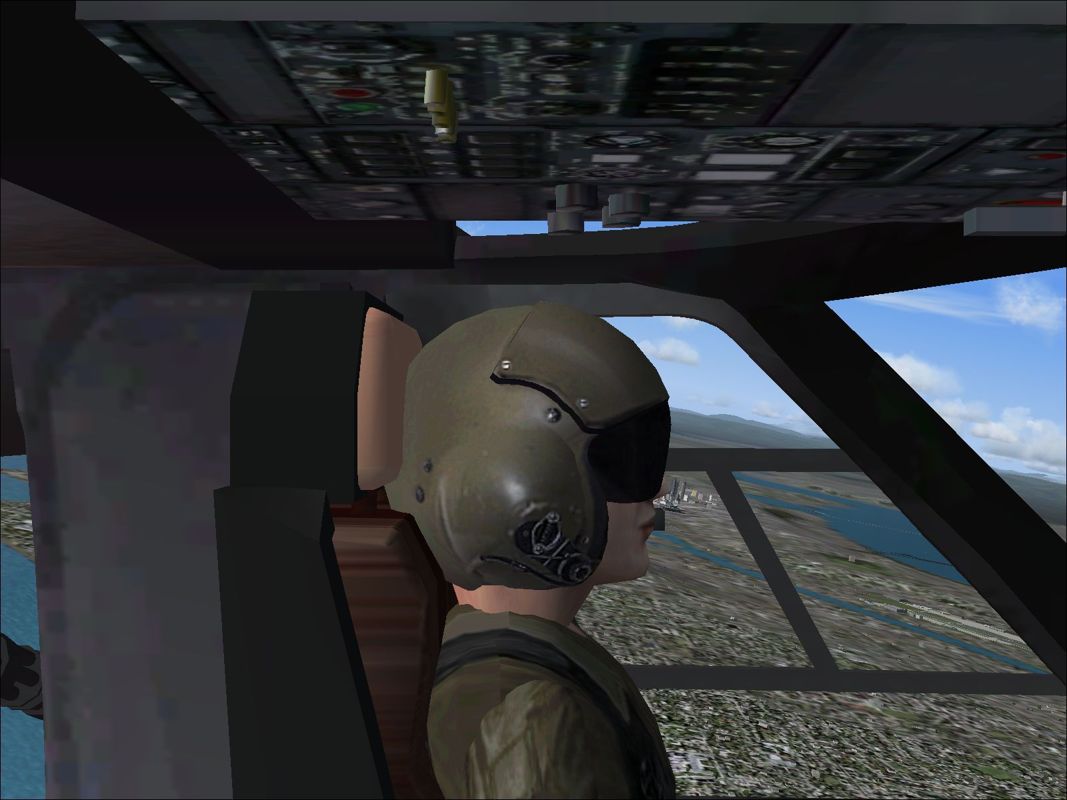 Combat Collectors: Second Edition (Windows) screenshot: The Sikorsky MH-60K Nighthawk is one of the few models to have a detailed co-pilot. Behind this guy there's a detailed machine gunner.