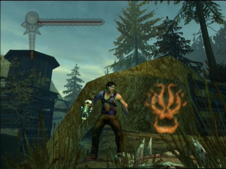 Evil Dead: Regeneration (Xbox) screenshot: There are lots of sacred symbols Throughout the game.This one increases your inner evil bar