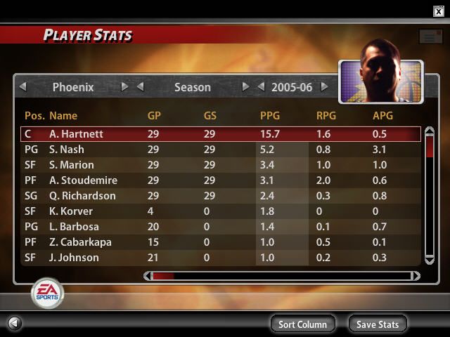 NBA Live 2005 (Windows) screenshot: Player Stats for the season