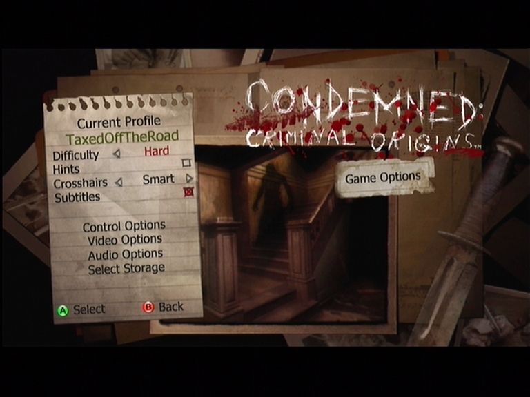 Condemned: Criminal Origins (Xbox 360) screenshot: The game options screen allows you to change many things