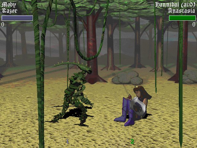 Battle Wrath (DOS) screenshot: The odd looking Razor approaches Anastasia for battle