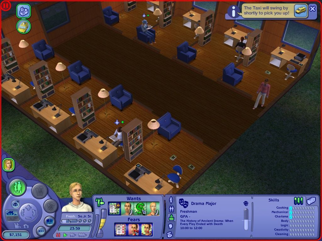 The Sims 2: University (Windows) screenshot: A building full of computers and bookcases would be a good study hall.
