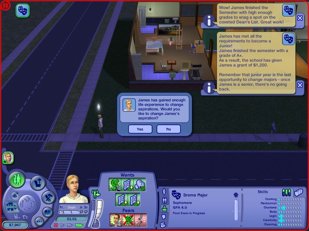 The Sims 2: University (Windows) screenshot: You have one chance to change your aspiration before school ends.