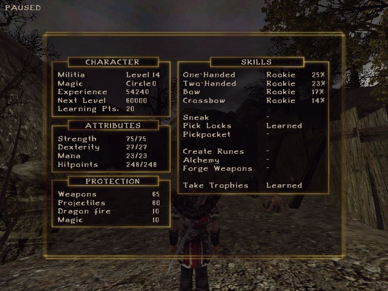 Gothic II (Windows) screenshot: Character Stats Screen