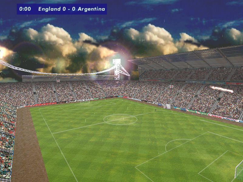 Microsoft International Soccer 2000 (Windows) screenshot: Nice panoramic view of the stadium prior to kick off.