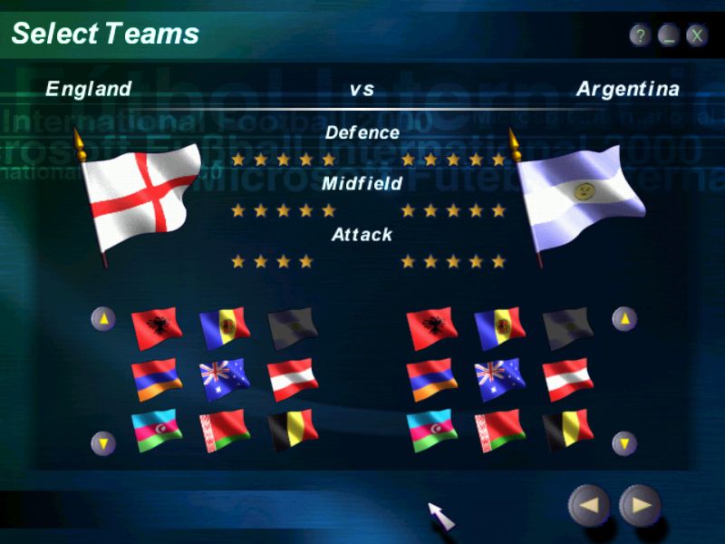Microsoft International Soccer 2000 (Windows) screenshot: Team selection for a friendly