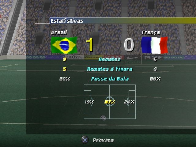 Ronaldo V-Football (PlayStation) screenshot: The usual end-game statistics