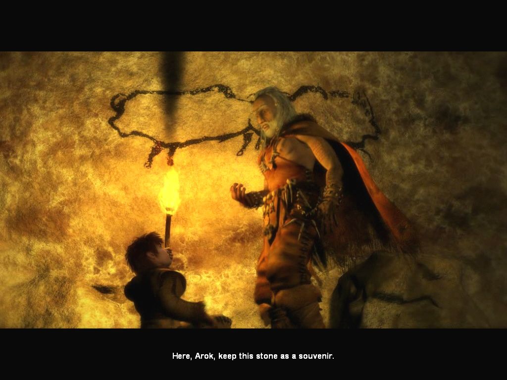 Echo: Secrets of the Lost Cavern (Windows) screenshot: Arok is given a stone gift by Klem (during a cut scene)