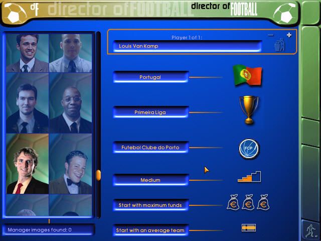 Director of Football (Windows) screenshot: Selecting the league and other options. You could pick up Celtic or Rangers and play in the Premier League, for instance