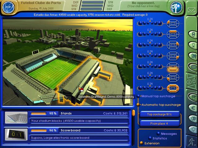 Director of Football (Windows) screenshot: Stadium improvement. Like insurances, there are a few options that offer different values in price, number of weeks to complete the job and quality of the stand